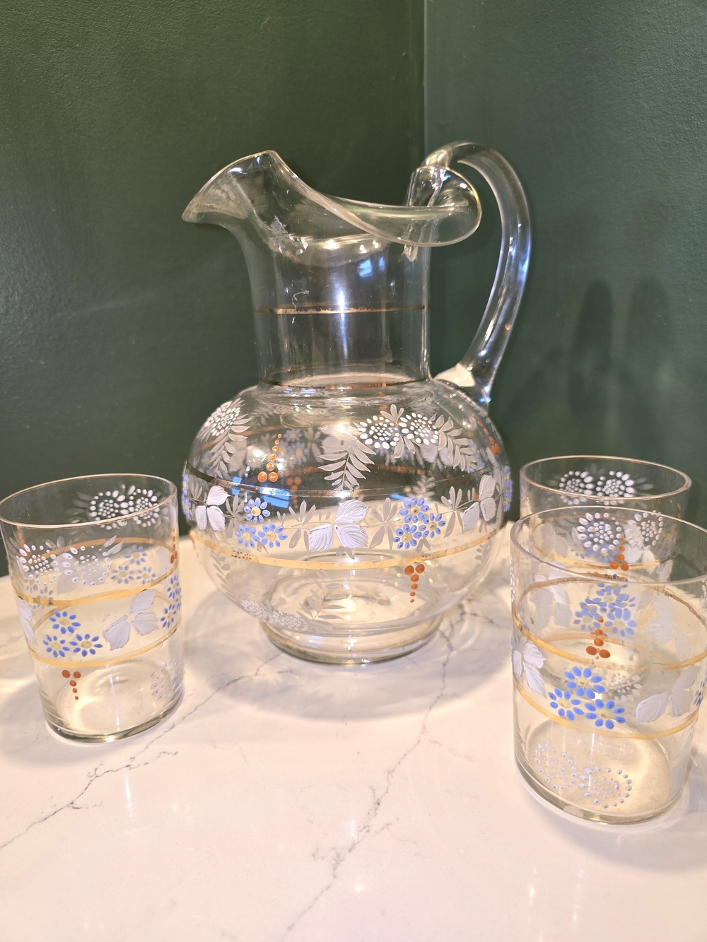 Hand Blown, Hand Painted, Victorian Pitcher And Tumbler Set